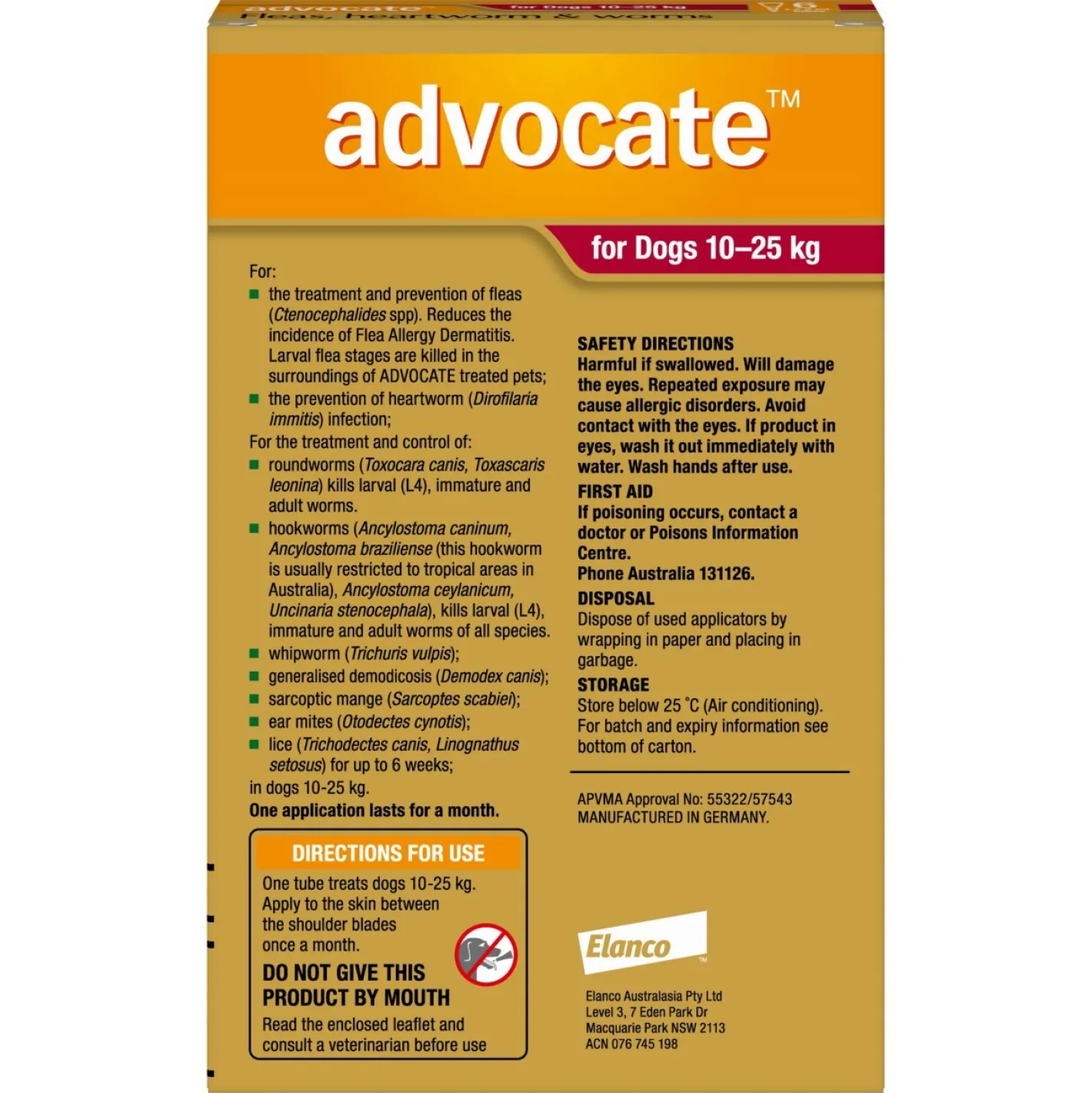 Advocate Spot-On Flea & Worm Control for Dogs 10-25kg - 6-pack New