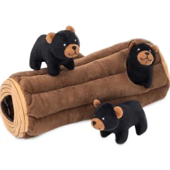 Zippy Paws Zippy Burrow Interactive Dog Toy - Black Bear Log + 3 Bears Fashion