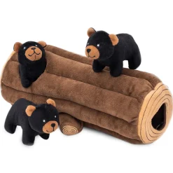 Zippy Paws Zippy Burrow Interactive Dog Toy - Black Bear Log + 3 Bears Fashion