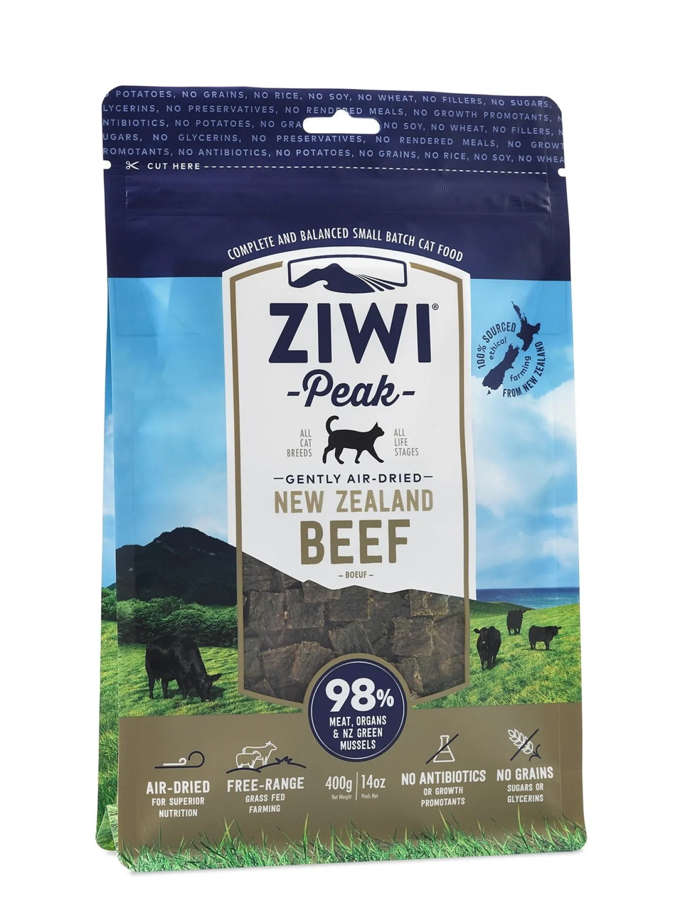 Ziwi Peak Air Dried Grain Free Cat Food 400g Pouch - Free Range Beef Best