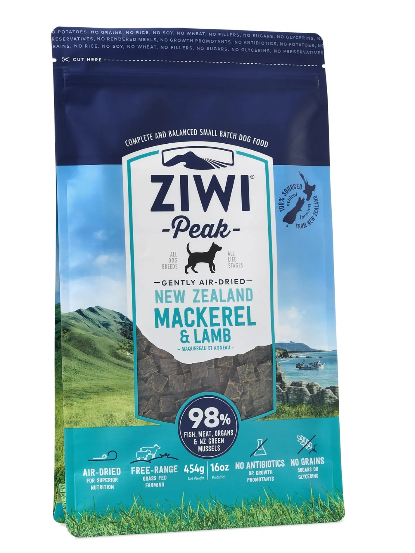 Ziwi Peak Air Dried Grain Free Dog Food 454g Pouch - Mackerel & Lamb New